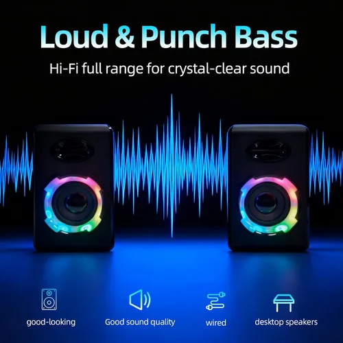 Vista 5 de Altavoces RGB para computadora de juegos, Bluetooth 5.0 barra de sonido de PC alimentada por USB con iluminación dinámica, audio estéreo