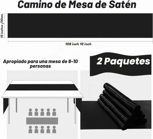 Vista 2 de Paquete de 2 caminos de mesa negros de 12 x 108 pulgadas, camino de mesa rectangular de seda satinada suave para bodas, banquetes, decoración