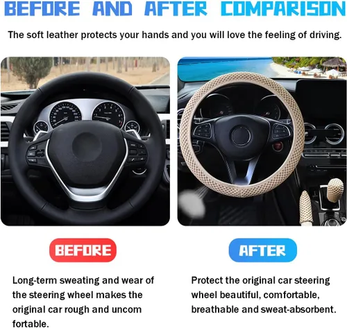 Vista 3 de Bittwee 3 piezas, juego de cubiertas para volante de auto de 15 pulgadas, cubierta para apoyabrazos, cubierta para palanca de cambios, de microfibra