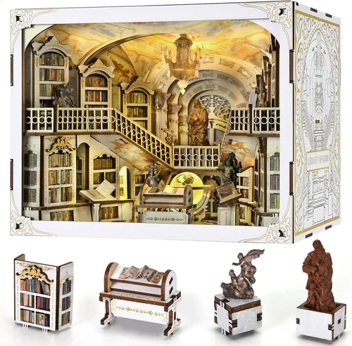 Vista 30 de MiniCity Abbey Library - Kit de rincón de libro de madera 3D con LED 7.1 x 4.3 x 9.1 in; 410 pieces, LED and dust cover; glue/tools and guide