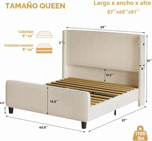 Vista 2 de Marco de Cama Tamaño Queen con Cabecero, Cama de Plataforma Tapizada con Cabecero Alto Tipo Wingback y Pie de Cama, Marco de Cama de Pana con Beige