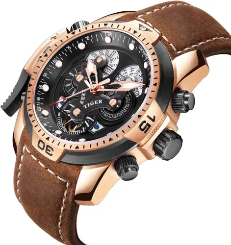 Vista 3 de REEF TIGER Relojes militares para hombres Correa de cuero Reloj deportivo complicado Relojes automáticos RGA3503 (RGA3503-PBSB1), RGA3503-PBSB1