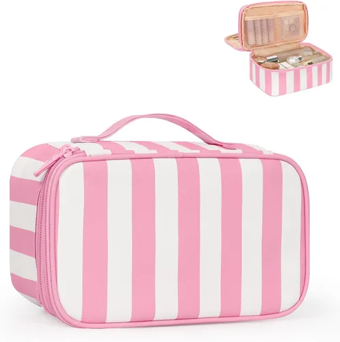 Vista 15 de Relavel Bolsa de maquillaje pequeña para mujer y niña, bolsa de maquillaje y brochas portátil de 2 capas, organizador de brochas de regalo de Navidad
