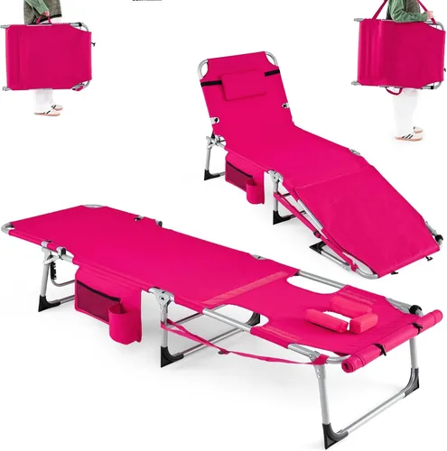 Vista 16 de Goplus Silla de bronceado con agujeros para brazos faciales, silla portátil para tomar el sol con respaldo de 4 niveles y almohada para la cabeza