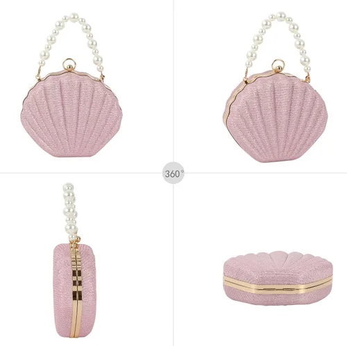 Vista 3 de ZLM BAG US Bolso de mano de noche con purpurina Seashell Mini Chain Crossbody Bag PU Cuero Shell Pearl Bolso de hombro, Y-Rosa
