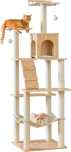 Vista 10 de Árbol para gatos moderno de 64 pulgadas, torre para gatos de interior con varios niveles, con 7 postes rascadores completamente envueltos, 2 Marrón