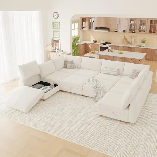 Vista 20 de 95.5" Sofá seccional modular de chenilla con almacenamiento oculto, sofá cama convertible en forma de L y U, sofá seccional moderno de 6 plazas
