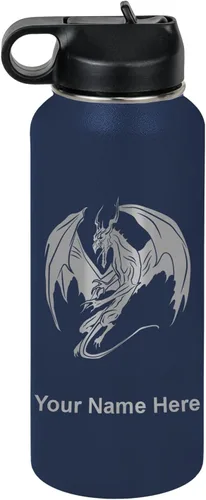 Vista 56 de LaserGram Botella de agua con tapa abatible de doble pared de 12 onzas con pajilla, dragón, grabado personalizado incluido (negro)
