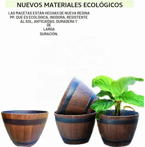 Vista 5 de Barril de madera de imitación, maceta de resina PP barril de plantación de madera imitada, diseño hueco, gran capacidad, contenedor de cubo
