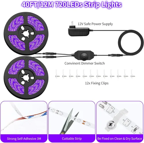 Vista 5 de Kit de tira de luz negra regulable de 40 pies/39.4 ft, 720 LED, accesorios de luz negra flexible de 12 V, 385 nm-400 nm, tiras LED de luz negra