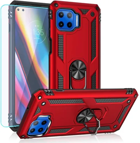 Vista 8 de Motorola One 5G Funda para teléfono celular, funda protectora híbrida de policarbonato duro suave TPU a prueba de golpes, soporte de anillo