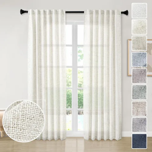 Vista 49 de Cortinas de Lino Natural Color Crema de 84 Pulgadas de Largo para Sala de Estar, Juego de 2 Paneles de Lino Texturizado con Trabillas Traseras