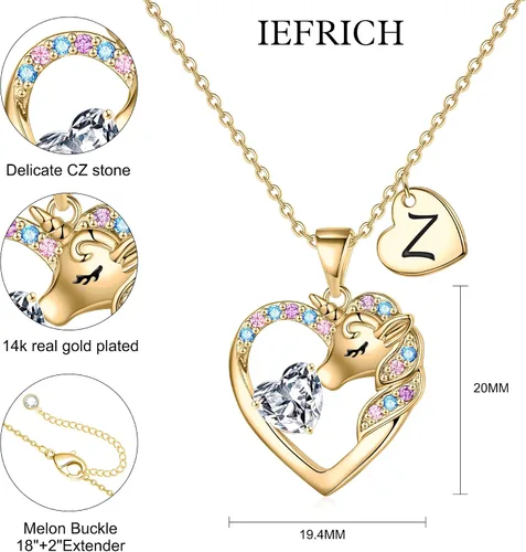 Vista 5 de IEFRICH Regalos de unicornios para niñas y niños, collar de corazón, collares de unicornio para niñas, collares con iniciales, joyería de unicornio