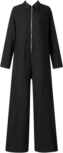 Vista 3 de GOKKILRW Enterizo sexy de mezclilla de manga larga para mujer, cintura alta, cuello en V, de una pieza, pierna ancha, pantalones largos, pantalones