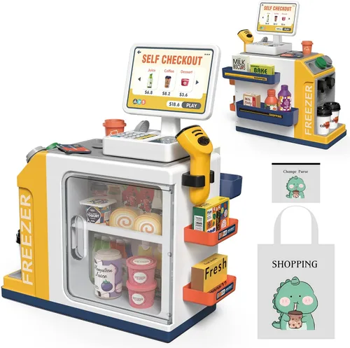 Vista 8 de Juego de caja registradora para niños – 48 piezas de dinero de simulación, calculadora, escáner, tarjeta de crédito y comida de juego para niños