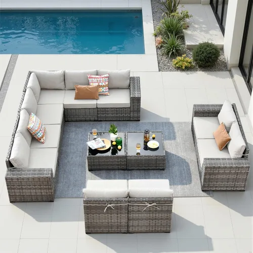 Vista 21 de Juego de muebles de patio de 6 piezas, sofá modular de mimbre para exteriores con mesa auxiliar, cómodos cojines, moderno sofá modular de ratán