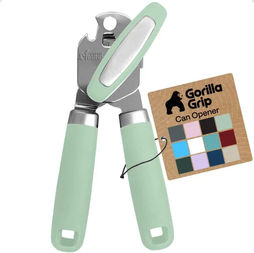 Vista 13 de GORILLA GRIP - Abridor de latas manual de acero inoxidable resistente con borde liso y abridor de botellas, mango suave y cómodo, perilla giratoria