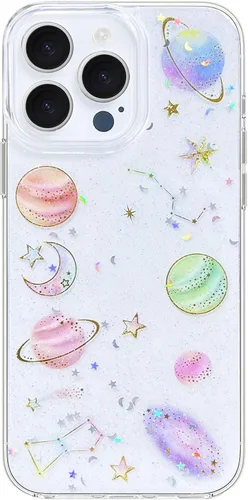Vista 15 de Abbery Funda diseñada para iPhone 13 Pro con diseño de flores prensadas con purpurina y diseño de goma de silicona suave, diseño de flores reales