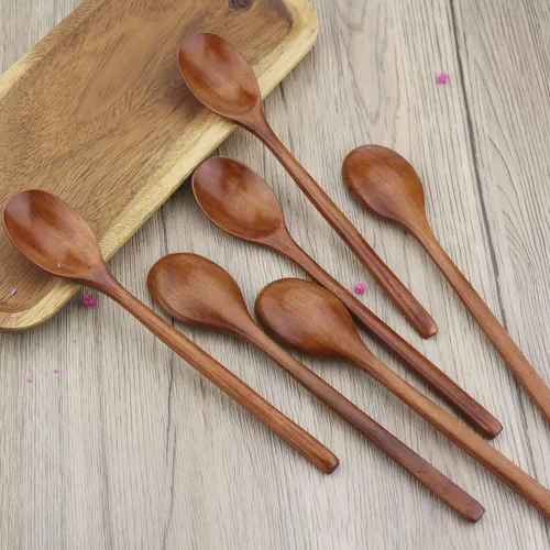 Vista 3 de Cucharas de madera coreanas de 9 pulgadas para comer, 6 cucharas pequeñas Marrón