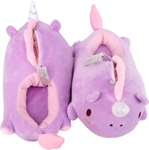 Vista 5 de SMOKO Pantuflas de unicornio iluminadas, calentadores de pies de felpa con mejillas LED, bonito estilo kawaii, Morado, talla única