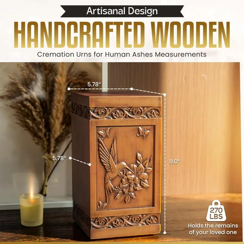 Vista 4 de Urna de cremación grande de madera para cenizas humanas para adultos, colibrí hecha a mano y grabado floral, urna funeraria para madre, padre