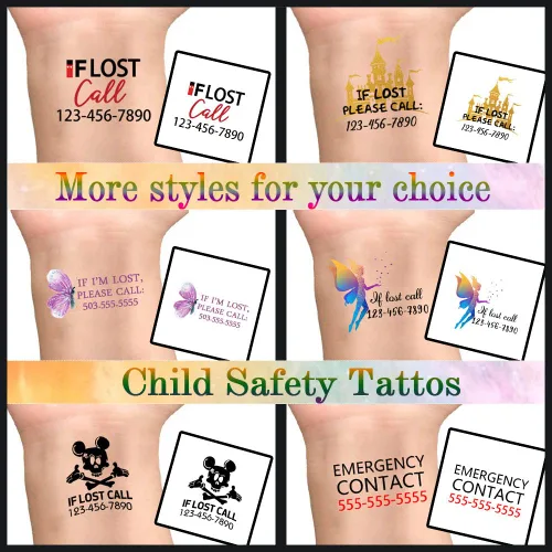 Vista 5 de Adhesivo personalizado para niños con texto en inglés Safty If Lost Call Tattoos – Tatuajes temporales de mariposa para niños – Tatuaje falso