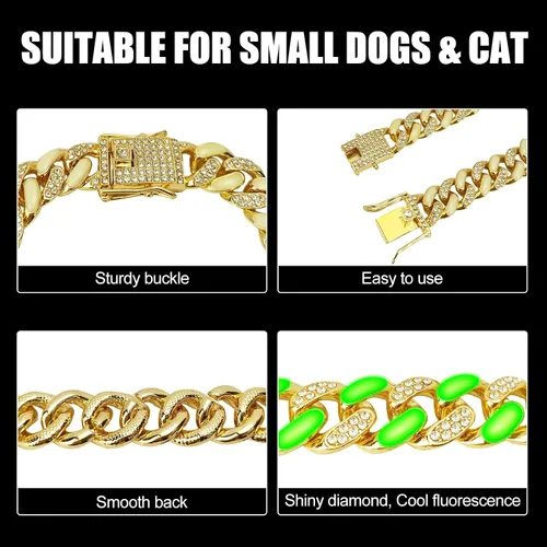 Vista 3 de Collar para perro de WimuPath con diamante verde enchapado en plata - Cadena de metal estilo cubano con hebilla de seguridad, collar lujoso