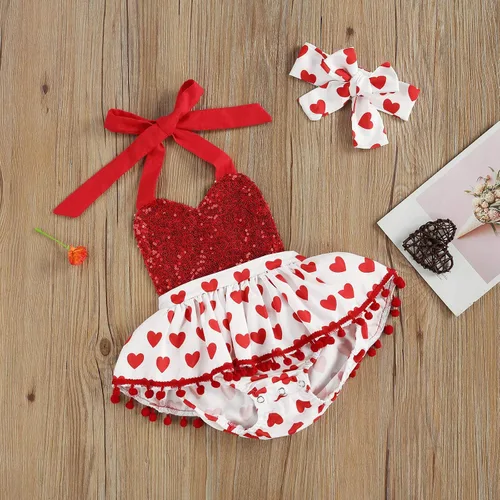 Vista 7 de Conjunto de ropa de 2 piezas para bebé recién nacida, para el día de San Valentín, manga con vuelo, estampado de corazón, tutú