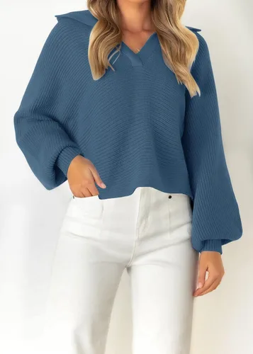 Vista 9 de ZESICA Women's 2024 Fall Lapel Collar V Neck Long Sleeve Ribbed Knit Comfy Loose Casual Pullover Sweater Jumper Top