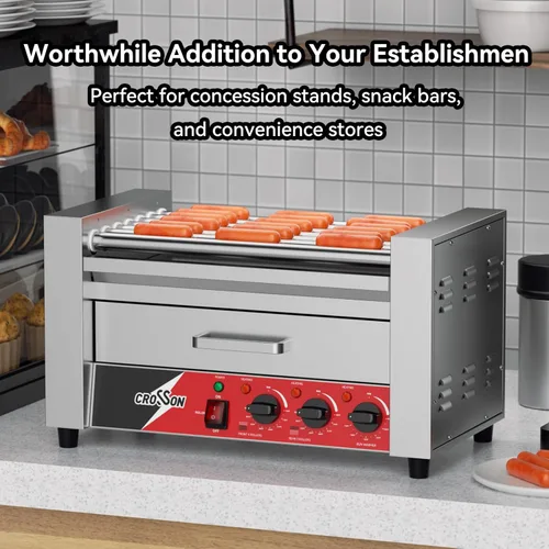 Vista 4 de CROSSON Hot Dog 7 Rodillos con Calentador de Pan, Máquina Comercial de Cocina con Asador Giratorio Antiadherente 7 en 304, Parrilla Eléctrica