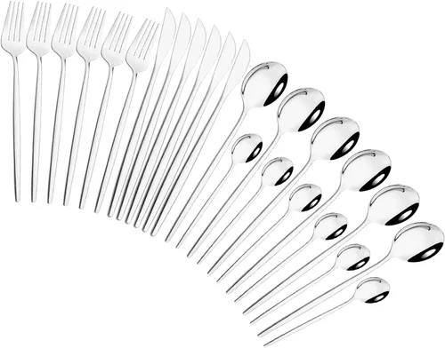 Vista 15 de Juego de cubiertos de 24 piezas, juego de cubiertos de acero inoxidable con espejo, cucharas, tenedores, cuchillos, diseño moderno, servicio para 6