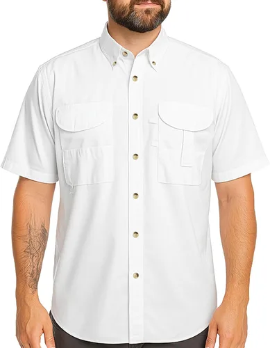 Vista 26 de Camisa de manga corta con botones de pesca para hombre, transpirable, para exteriores, casual, ligera