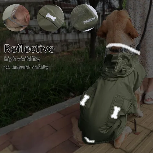 Vista 5 de Chubasquero impermeable para perros, ropa impermeable ajustable con tira reflectante y ligera con capucha tipo poncho (Verde Ejército, XS)