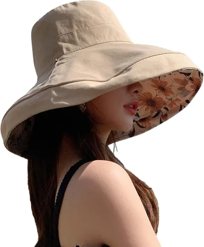 Vista 2 de HUAMULAN Sombrero de sol de verano para mujer, ala ancha, borde con alambre, floral, playa, cubo, sombreros reversibles, plegables, protección UV