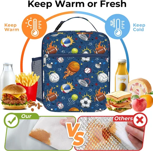 Vista 3 de Clastyle Bolsa de almuerzo deportiva con aislamiento de grafiti para niños, bolsa térmica grande para niños, color azul, picnic, escuela, lonchera