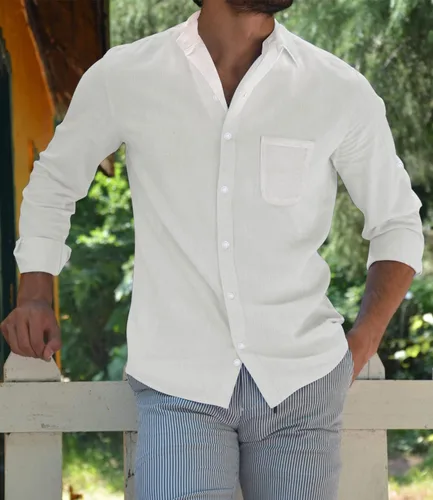 Vista 2 de Men's Guayabera Shirts Long Sleeve Button Down Shirt Linen Solid Shirt Cuban Beach Tops