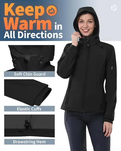 Vista 4 de Outdoor Ventures Chaqueta Softshell para mujer con capucha, forro polar, cálida, ligera, impermeable, aislada, cortavientos