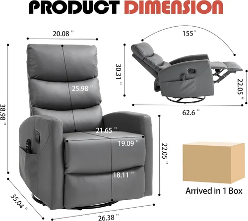 Vista 2 de Luxlen Manual Swivel Rocker Recliner Chair with Massage, Overstuffed Recliner Glider with Vibration Massage and Heat for Nursery, Living Room gris