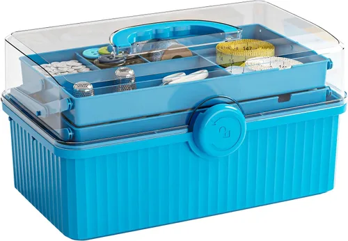 Vista 9 de Caja de plástico de 3 capas para manualidades y caja de herramientas para manualidades, caja de almacenamiento de plástico multiusos con asa