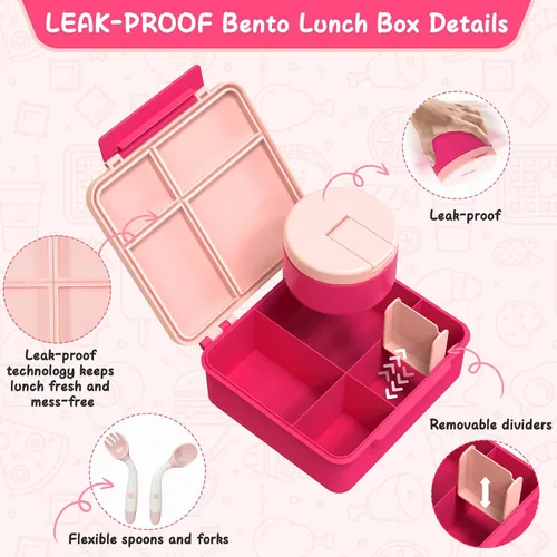 Vista 3 de Lonchera Bento con termo de sopa de 8 onzas, recipientes de almuerzo a prueba de fugas con 4 compartimentos, tarro térmico para comida caliente