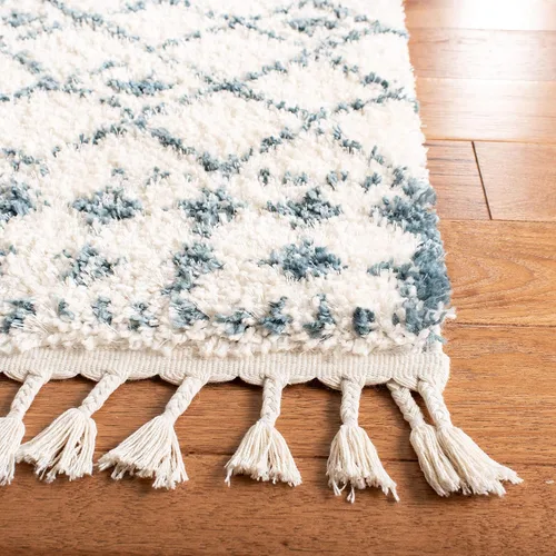 Vista 2 de SAFAVIEH Berber Fringe Shag Collection - Alfombra decorativa de 2 pies 2 pulgadas x 4 pies, color crema y azul, diseño, no desprende pelusa