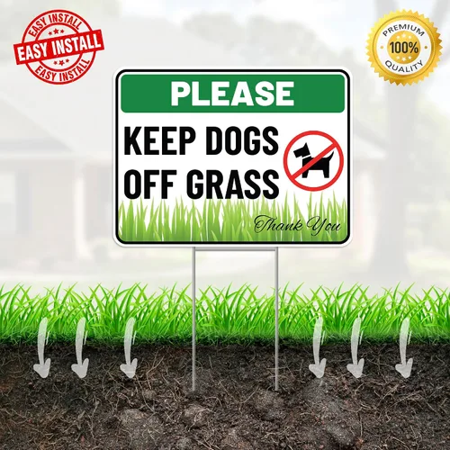 Vista 5 de Letrero con estaca con estaca con texto en inglés "Keep Dogs Off Lawn con estaca", plástico corrugado, con texto en inglés "Please Keep Dogs Off