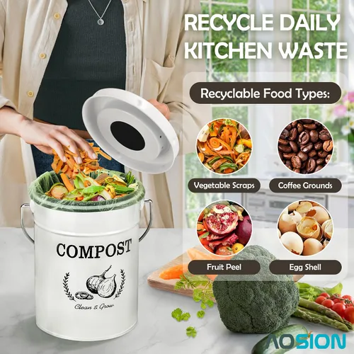 Vista 5 de AOSION Contenedor de compostaje para encimera de cocina, contenedor de compostaje interior resistente al olor con tapa y bolsas de compost