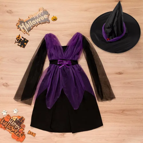 Vista 4 de Disfraz de bruja de Halloween para niñas pequeñas con sombrero