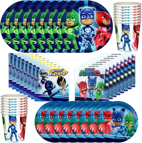 Vista 9 de Treasures Gifted Suministros para fiesta de cumpleaños con licencia oficial de PJ Masks - Sirve a 16 invitados - Juego clásico de vajilla PJ Masks