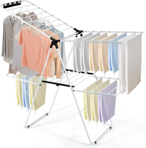Vista 10 de GOFLAME Estante de secado de ropa, con 2 alas plegables, 14 varillas de secado, aireador de lavandería plegable independiente para ropa, toallas