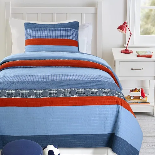 Vista 10 de Cozy Line Home Fashions Juego de ropa de cama acolchado reversible de 100% algodón con rayas azul marino y rojas, estrella patriótica para niño