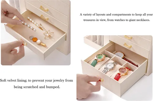 Vista 5 de GUKA Joyero organizador con espejo, caja de joyería de 5 capas con 4 cajones para collares, pulseras, reloj, anillos y aretes, almacenamiento grande