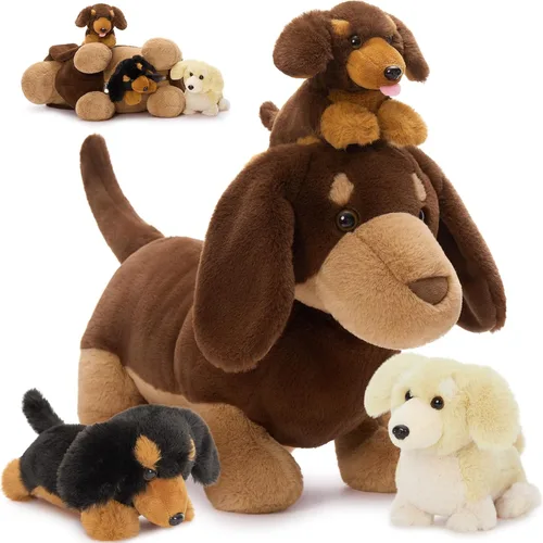 Vista 22 de Muiteiur Triceratops - Animal de peluche gigante de dinosaurio para mamá con 3 bebés pequeños, juguete de dinosaurio de felpa suave verde, regalo