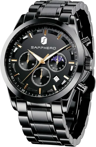 Vista 15 de SAPPHERO Relojes para hombre, cronógrafo, de acero inoxidable, impermeable, cuarzo, para negocios, casual, reloj de vestir para hombre, fecha Negro